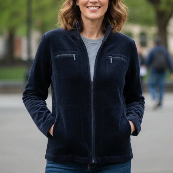 Vtg Lauren Ralph Lauren Black Crushed Velour Track Jacket - Two-Way Zip - Size L - Picture 3 of 12